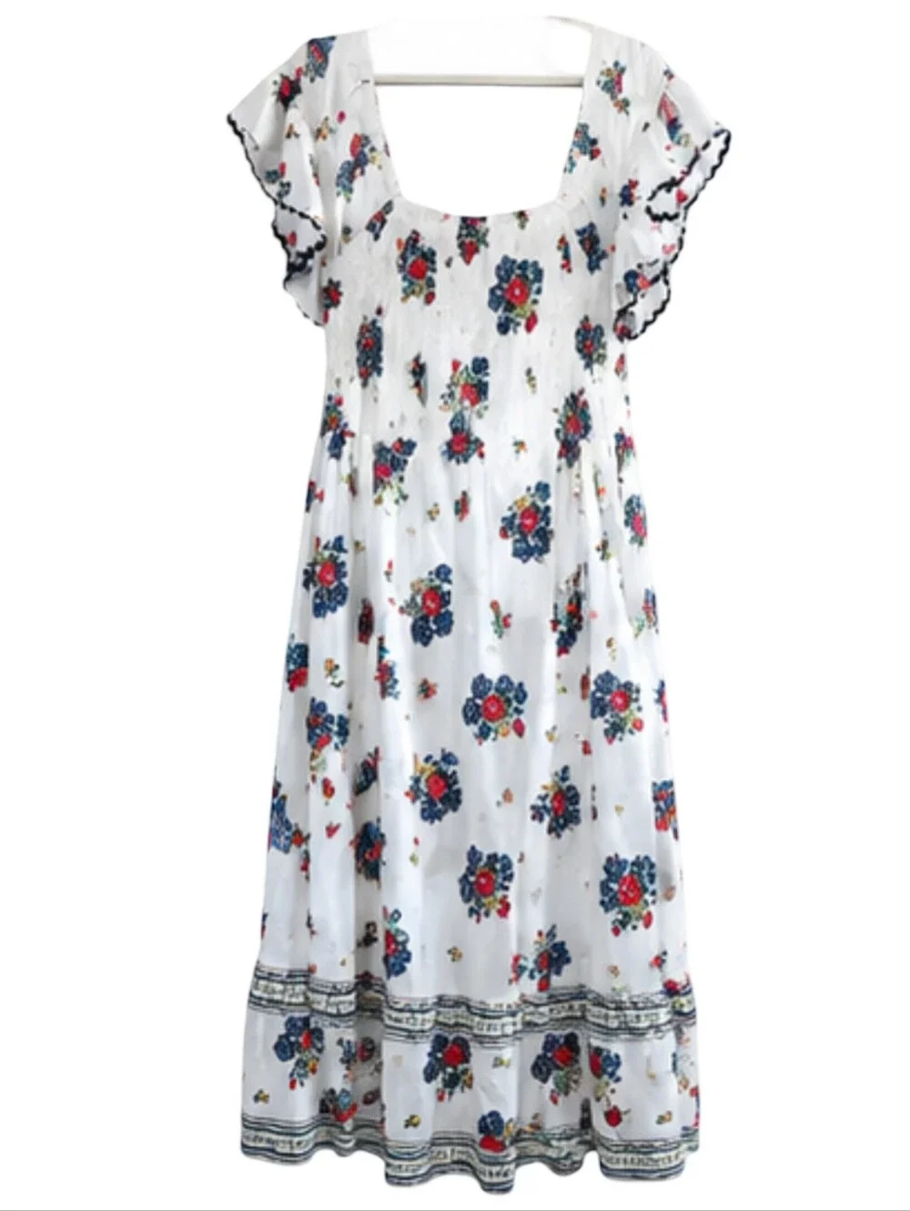 Tory Burch Meadow Folly Cotton Voile Midi Dress with a red and blue floral print